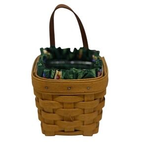 VTG Longaberger Basket Brown Woven Wood Floral Fabric Liner Leather Handle 1996